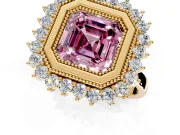 Halo Engagement Ring Setting for Fancy Pink Asscher Cut Center with Milgrain Bezel Rim, Plain Band and Prong Head in Yellow Gold