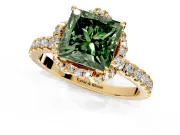 Halo Engagement Ring Setting for Fancy Green Princess Cut Center with Openwork Halo, Pave Band and Prong Head in Yellow Gold