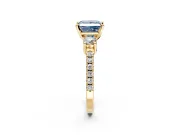 3 Stone Engagement Ring Setting for Fancy Blue Princess Cut Center with Round Cut Side Accents and Prong Head in Yellow Gold