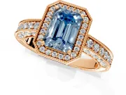 Milgrain Halo Engagement Ring Setting for Fancy Blue Emerald Cut Center with Wide Pave Band and Prong Head in Rose Gold
