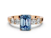 5 Stone Engagement Ring Setting for Fancy Blue Emerald Cut Center with Plain Band and Prong Head in Rose Gold