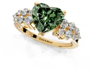 Cluster Engagement Ring Setting for Fancy Green Heart-Shaped Center with 2-Row Shoulder Clusters and Prong Head in Yellow Gold
