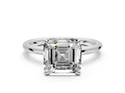 Hidden Halo Engagement Ring Setting for Asscher Cut Center with Thin Rounded Band and Prong Head in White Gold
