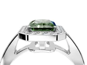 Bezel-Framed Halo Engagement Ring Setting for Fancy Green Radiant Cut Center with Pave Band and Prong Head in Platinum