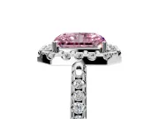 Pave Halo Engagement Ring Setting for Fancy Pink Radiant Cut Center with Single Row Pave Band and Prong Head in Platinum