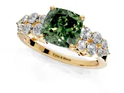 Cluster Engagement Ring Setting for Fancy Green Cushion Cut Center with 2-Row Shoulder Clusters and Prong Head in Yellow Gold