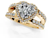 Halo Engagement Ring Setting for Heart-Shaped Center with Wide-Open Pave Split Shank and Prong Head in Yellow Gold