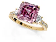 3 Stone Engagement Ring Setting for Fancy Pink Asscher Cut Center with Round Cut Side Accents and Prong Head in Yellow Gold
