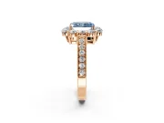 Halo Engagement Ring Setting for Fancy Blue Radiant Cut Center with Milgrain Channel Band and Prong Head in Rose Gold