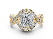 Halo Engagement Ring Setting for Princess Cut Center with Pave Infinity Twist Band and Prong Head in Yellow Gold