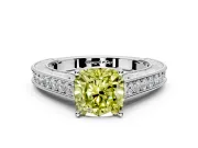 Solitaire Engagement Ring Setting for Fancy Yellow Cushion Cut Center with Engraved Pave Band and Prong Head in Platinum