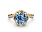 Halo Engagement Ring Setting for Fancy Blue Round Cut Center with Openwork Halo, Pave Band and Prong Head in Yellow Gold