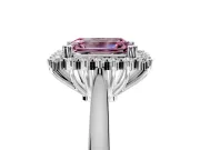 Starburst Halo Engagement Ring Setting for Fancy Pink Emerald Cut Center with Thin Round-Wire Band and Prong Head in Platinum