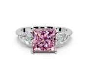 3 Stone Engagement Ring Setting for Fancy Pink Princess Cut Center with Large Pear-Shaped Accents and Prong Head in Sterling Silver