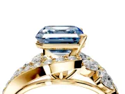 Halo Engagement Ring Setting for Fancy Blue Asscher Cut Center with Marquise and Pave Bypass Band and Prong Head in Yellow Gold
