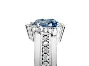 Halo Engagement Ring Setting for Fancy Blue Heart-Shaped Center with Wide Band, Inlaid Accent Row and Prong Head in White Gold