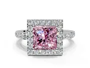 Halo Engagement Ring Setting for Fancy Pink Princess Cut Center with Heart-Shaped Openwork, Pave Band and Prong Head in White Gold