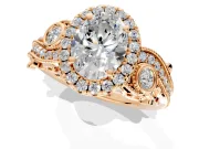 Milgrain Halo Engagement Ring Setting for Oval Center with Shoulder Bezels and Prong Head in Rose Gold