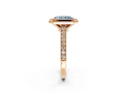 Halo Engagement Ring Setting for Fancy Blue Radiant Cut Center with Milgrain Pave Band and Bezel Head in Rose Gold