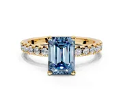Solitaire Engagement Ring Setting for Fancy Blue Emerald Cut Center with Large Accents and Prong Head in Yellow Gold