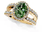 Halo Engagement Ring Setting for Fancy Green Oval Center with Wide-Open Pave Split Shank and Prong Head in Yellow Gold