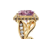 Halo Engagement Ring Setting for Fancy Pink Princess Cut Center with Leaf Motif Split Shank and Prong Head in Yellow Gold