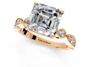 Solitaire Engagement Ring Setting for Asscher Cut Center with Milgrain Bezel Accents and Prong Head in Rose Gold
