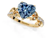 Leaf Motif Engagement Ring Setting for Fancy Blue Heart-Shaped Center with Pave Band and Prong Head in Yellow Gold