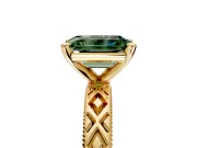 Solitaire Engagement Ring Setting for Fancy Green Emerald Cut Center with Milgrain X Pattern Band and Prong Head in Yellow Gold