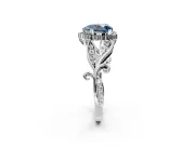 Halo Engagement Ring Setting for Fancy Blue Heart-Shaped Center with Leaf Motif Split Shank and Prong Head in Sterling Silver