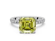 Solitaire Engagement Ring Setting for Fancy Yellow Asscher Cut Center with Round Cut Pave Band and Prong Head in Platinum