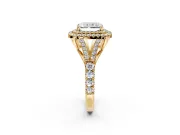 Double Halo Engagement Ring Setting for Radiant Cut Center with Narrow Pave Split Shank and Prong Head in Yellow Gold