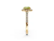 Halo Engagement Ring Setting for Fancy Yellow Cushion Cut Center with Narrowing Pave Band and Prong Head in Yellow Gold