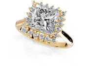 Starburst Halo Engagement Ring Setting for Princess Cut Center with Thin Round-Wire Band and Prong Head in Yellow Gold