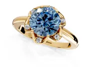 Floral Frame Engagement Ring Setting for Fancy Blue Round Cut Center with Accent Clusters and Prong Head in Yellow Gold