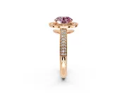 Milgrain Halo Engagement Ring Setting for Fancy Pink Round Cut Center with Three-Sided Pave Band and Prong Head in Rose Gold