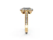 Halo Engagement Ring Setting for Emerald Cut Center with Milgrain Channel Band and Prong Head in Yellow Gold