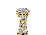 3 Stone Engagement Ring Setting for Cushion Cut Center with Pave Split Shank and Prong Head in Yellow Gold
