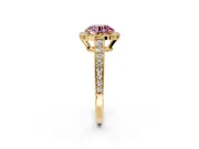 Bezel-Framed Halo Engagement Ring Setting for Fancy Pink Round Cut Center with Pave Band and Prong Head in Yellow Gold