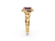 Halo Engagement Ring Setting for Fancy Pink Emerald Cut Center with Open Scroll Shoulders and Prong Head in Yellow Gold