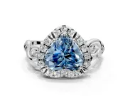Halo Engagement Ring Setting for Fancy Blue Heart-Shaped Center with Open Scroll Shoulders and Prong Head in Sterling Silver