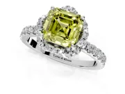 Floral Halo Engagement Ring Setting for Fancy Yellow Asscher Cut Center with Pave Band and Prong Head in Platinum