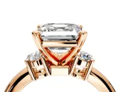 3 Stone Engagement Ring Setting for Asscher Cut Center with Wide Plain Band and Prong Head in Rose Gold