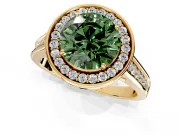 Halo Engagement Ring Setting for Fancy Green Round Cut Center with Outer Bezel Rim, Pave Band and Prong Head in Yellow Gold