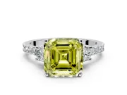 3 Stone Engagement Ring Setting for Fancy Yellow Asscher Cut Center with Round Cut Side Accents and Prong Head in Platinum