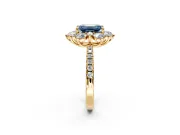 Floral Halo Engagement Ring Setting for Fancy Blue Emerald Cut Center with Pave Accents and Prong Head in Yellow Gold