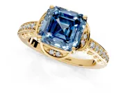 Floral Engagement Ring Setting for Fancy Blue Asscher Cut Center with Four Accent Clusters and Prong Head in Yellow Gold