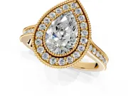 Halo Engagement Ring Setting for Pear-Shaped Center with Milgrain Pave Band and Bezel Head in Yellow Gold