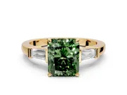 3 Stone Engagement Ring Setting for Fancy Green Radiant Cut Center with Channel Baguette Accents and Prong Head in Yellow Gold