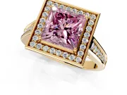 Halo Engagement Ring Setting for Fancy Pink Princess Cut Center with Outer Bezel Rim, Pave Band and Prong Head in Yellow Gold